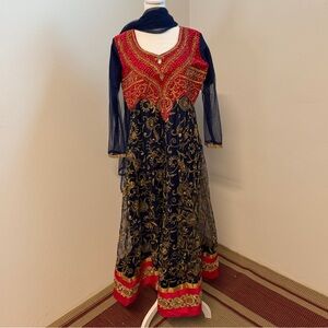Girls Hot Pink Navy Gold Embroidered Formal Anarkali Dress with Dupatta
